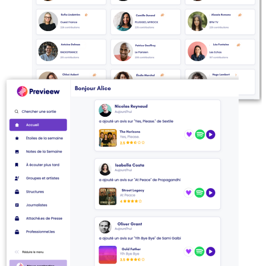 Aperçu de l'interface Previeew avec le fil d'activité des critiques et sorties